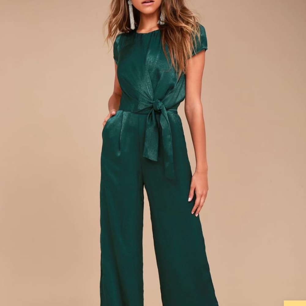 Lulus Let Me Entertain You Forest Green Satin Wideleg Jumpsuit